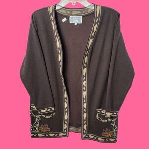 Original Creation Vtg Cardigan W/Dog & Chain Embroidery Brown-Tan Size40
